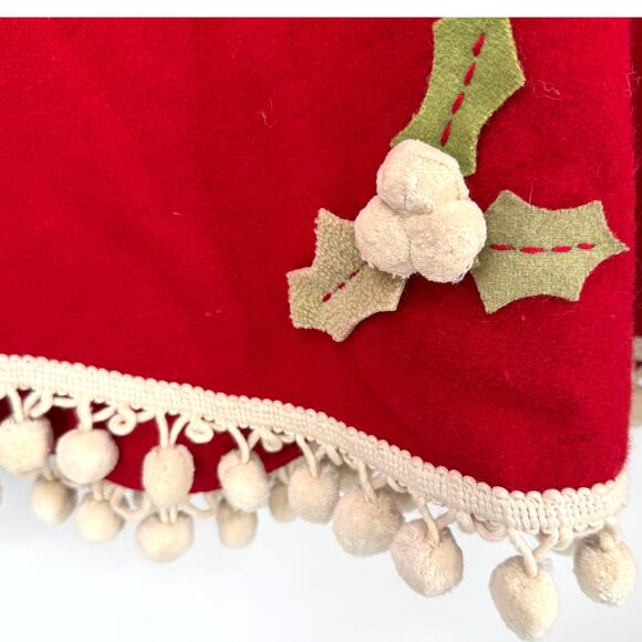 Restoration Hardware RH Vintage Red Wool Christmas Tree Skirt Holly Pompoms 54" - Picture 4 of 9